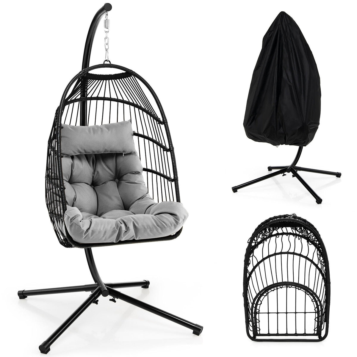 Patio Hanging Egg Chair with Stand Waterproof Cover and Folding Basket-Gray-Hammocks-DECOROLALA