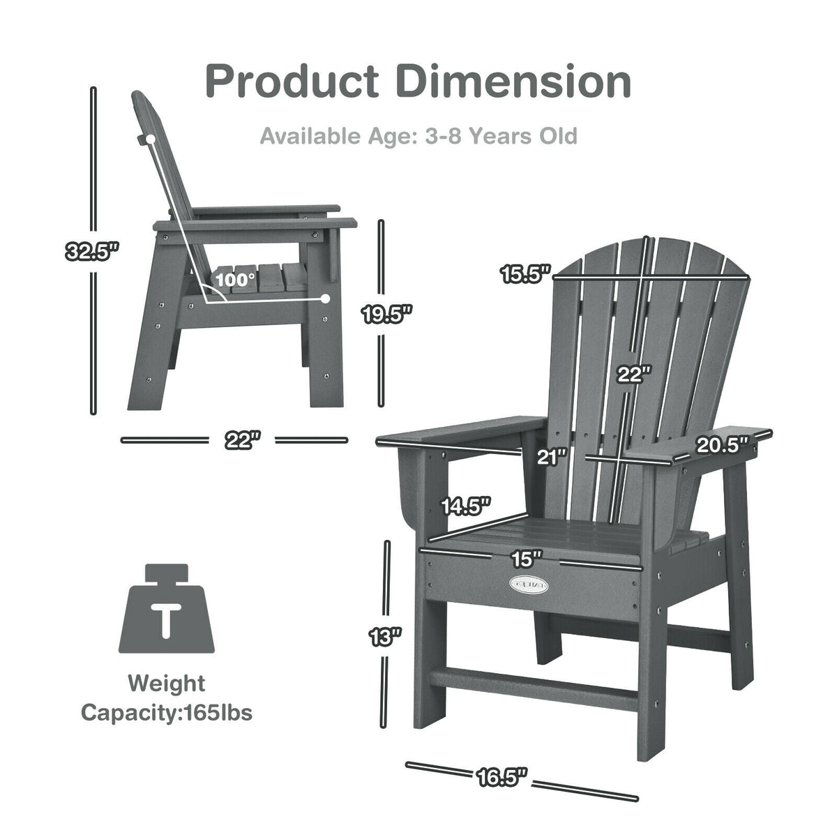 Patio Kids' Adirondack Chair with Ergonomic Backrest-Gray-Kids Chairs-DECOROLALA