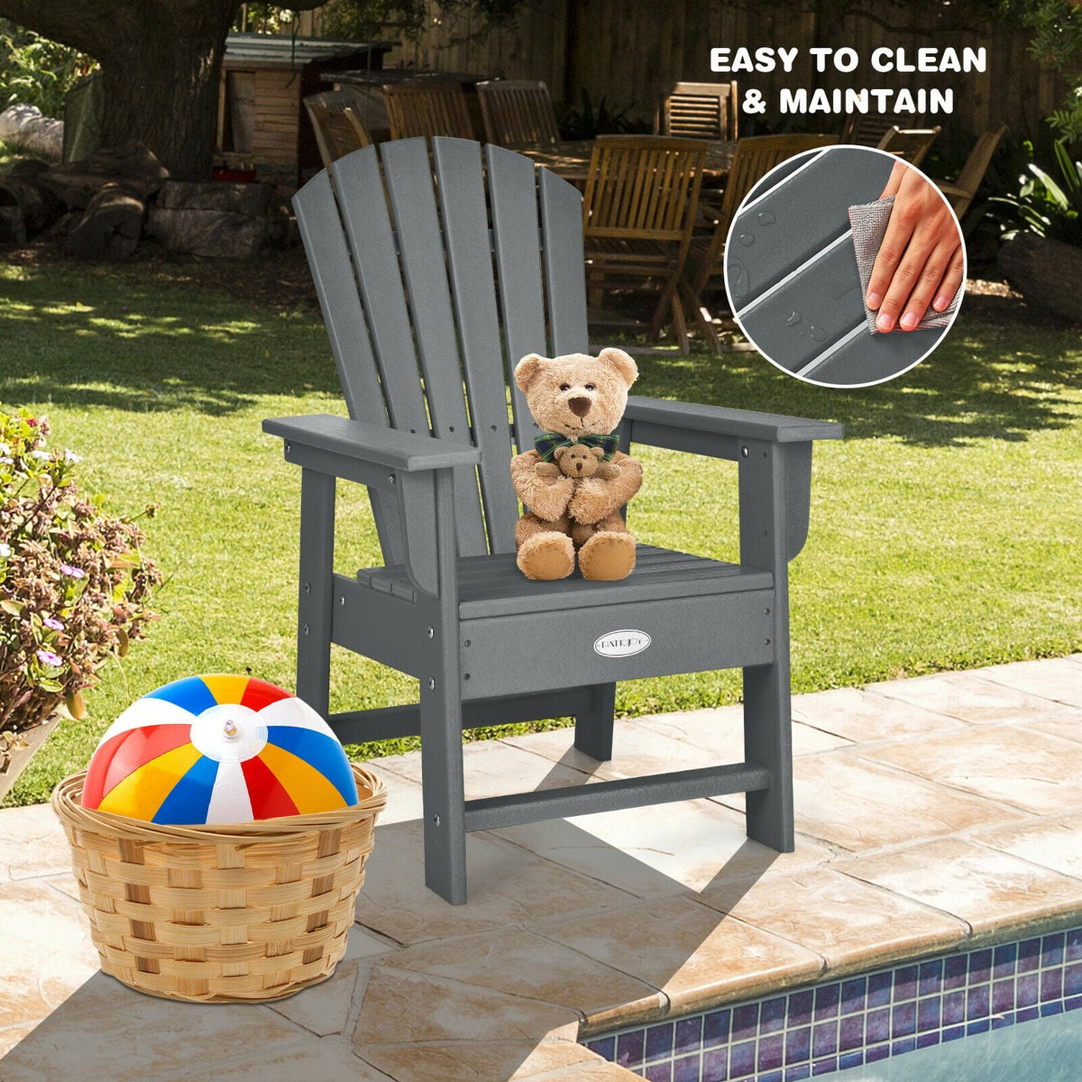 Patio Kids' Adirondack Chair with Ergonomic Backrest-Gray-Kids Chairs-DECOROLALA