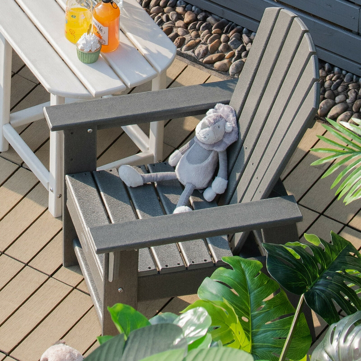 Patio Kids' Adirondack Chair with Ergonomic Backrest-Gray-Kids Chairs-DECOROLALA