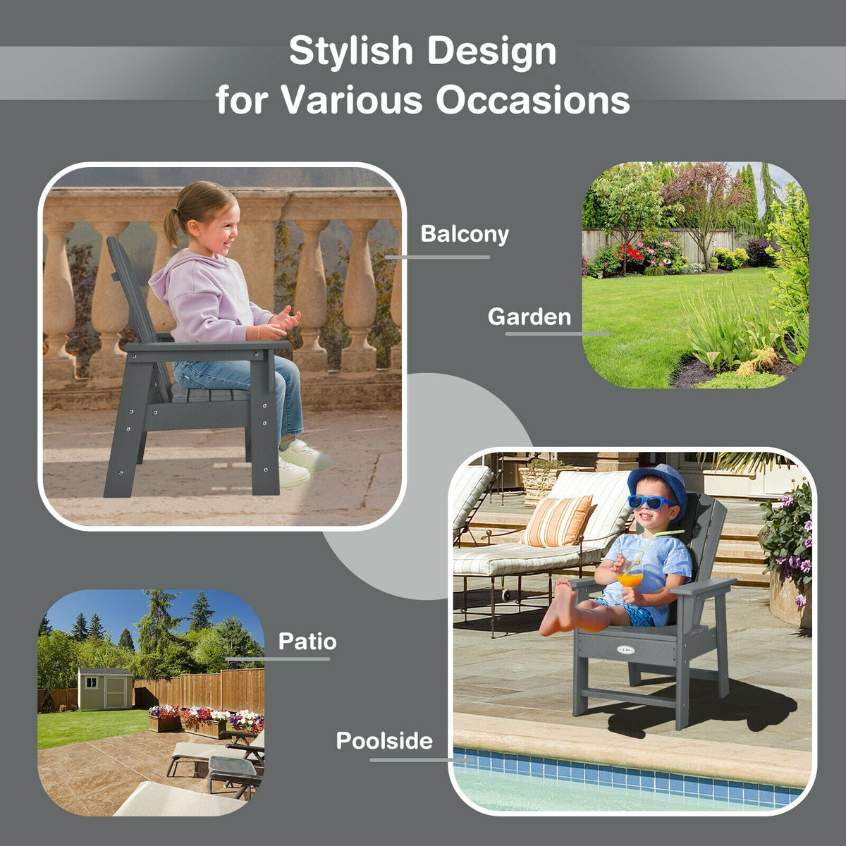 Patio Kids' Adirondack Chair with Ergonomic Backrest-Gray-Kids Chairs-DECOROLALA