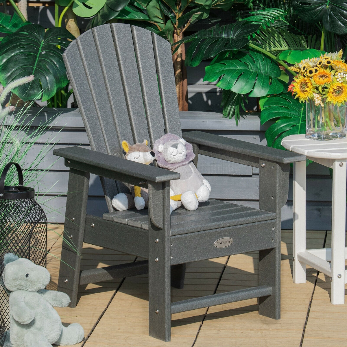 Patio Kids' Adirondack Chair with Ergonomic Backrest-Gray-Kids Chairs-DECOROLALA