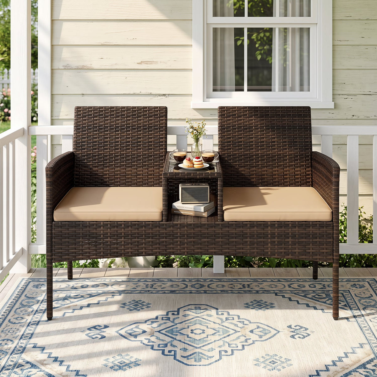 Patio Loveseat Wicker 2-Seat Conversation Set with Built-in Coffee Table-Brown-Patio Conversation Sets-DECOROLALA