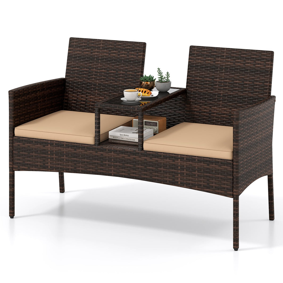 Patio Loveseat Wicker 2-Seat Conversation Set with Built-in Coffee Table-Brown-Patio Conversation Sets-DECOROLALA