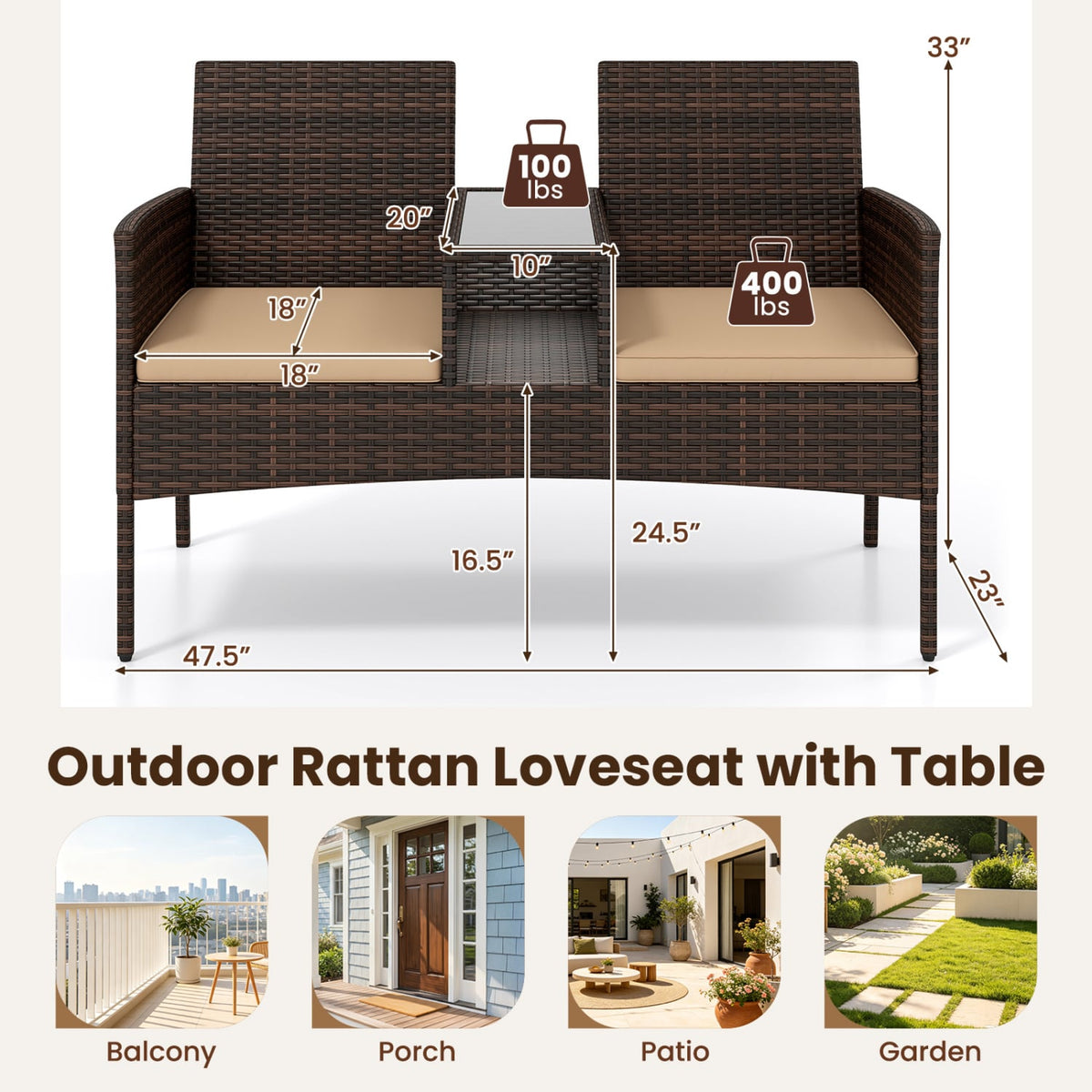 Patio Loveseat Wicker 2-Seat Conversation Set with Built-in Coffee Table-Brown-Patio Conversation Sets-DECOROLALA