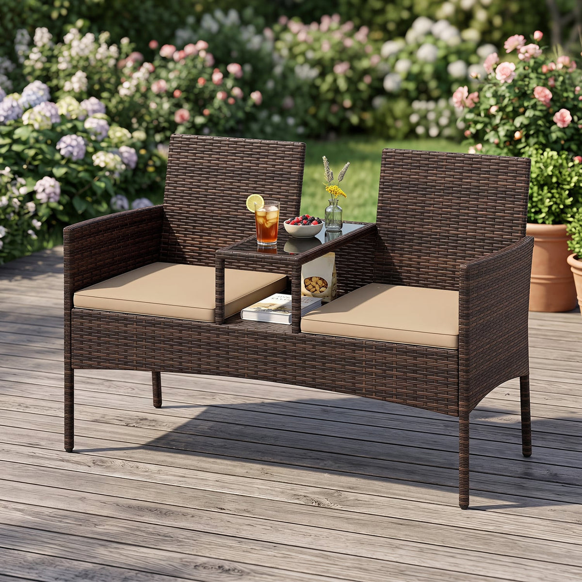 Patio Loveseat Wicker 2-Seat Conversation Set with Built-in Coffee Table-Brown-Patio Conversation Sets-DECOROLALA