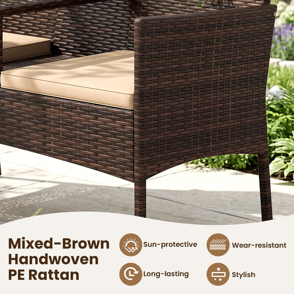 Patio Loveseat Wicker 2-Seat Conversation Set with Built-in Coffee Table-Brown-Patio Conversation Sets-DECOROLALA