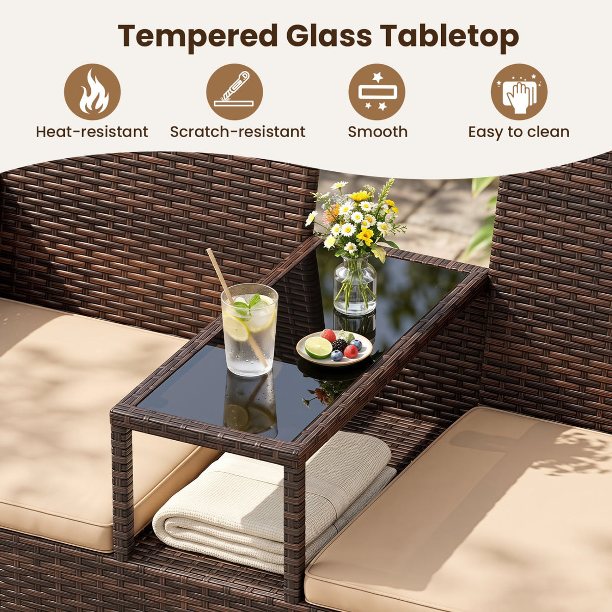 Patio Loveseat Wicker 2-Seat Conversation Set with Built-in Coffee Table-Brown-Patio Conversation Sets-DECOROLALA