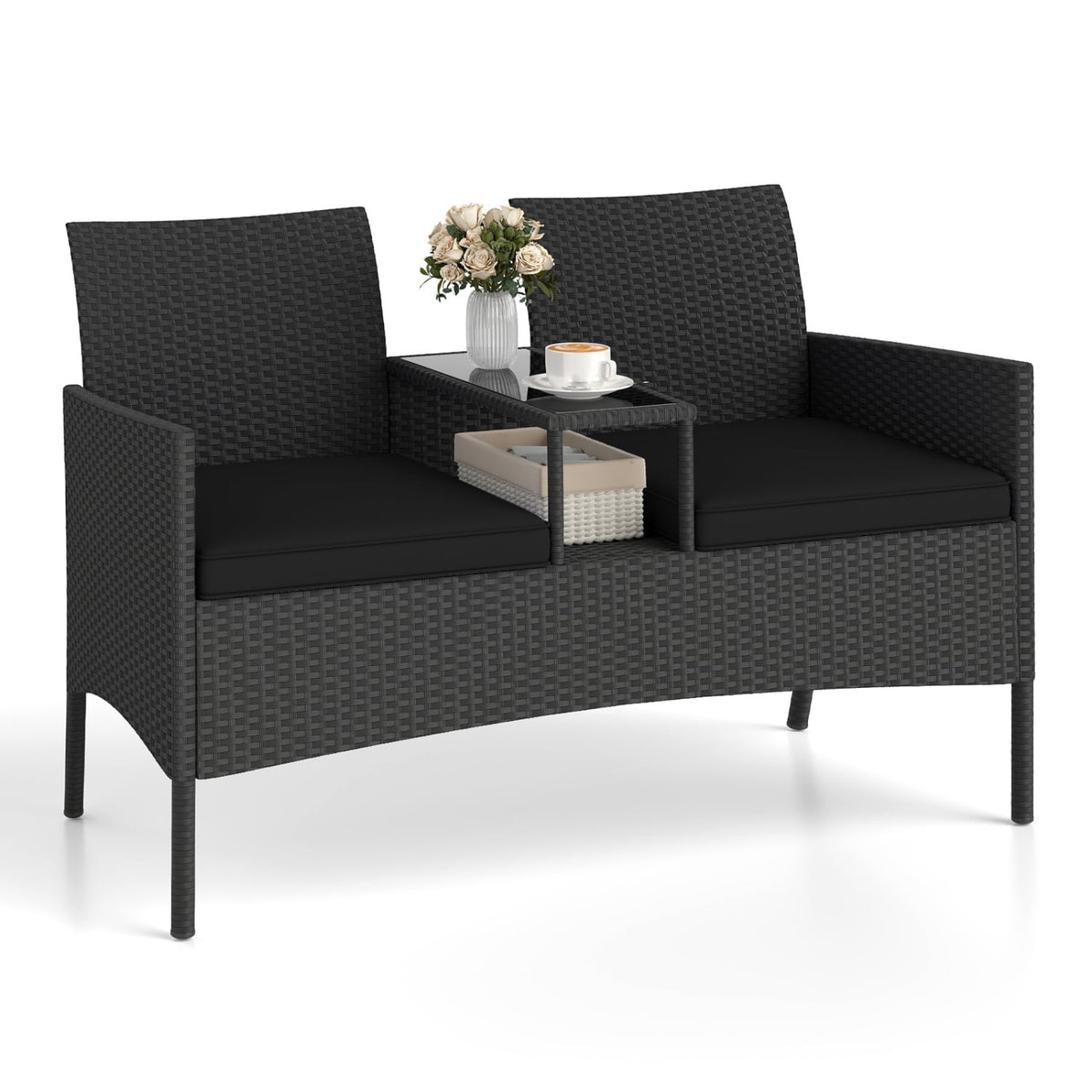 Patio Loveseat with Built-in Table for Backyard Porch-Black-Patio Conversation Sets-DECOROLALA