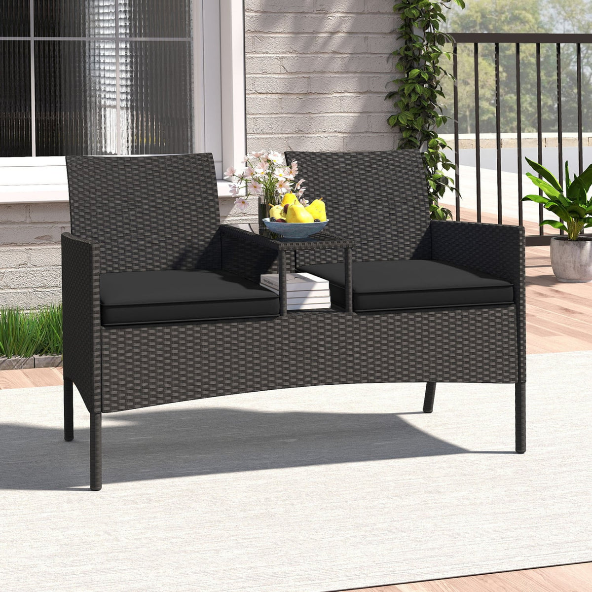 Patio Loveseat with Built-in Table for Backyard Porch-Black-Patio Conversation Sets-DECOROLALA