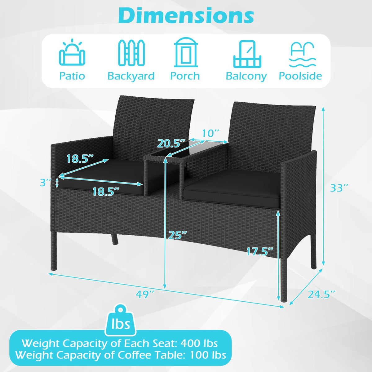 Patio Loveseat with Built-in Table for Backyard Porch-Black-Patio Conversation Sets-DECOROLALA