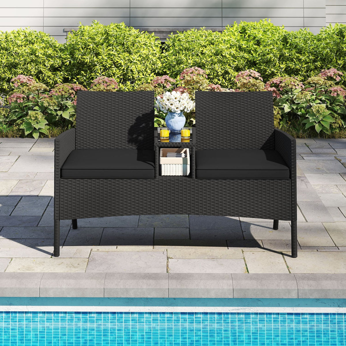 Patio Loveseat with Built-in Table for Backyard Porch-Black-Patio Conversation Sets-DECOROLALA