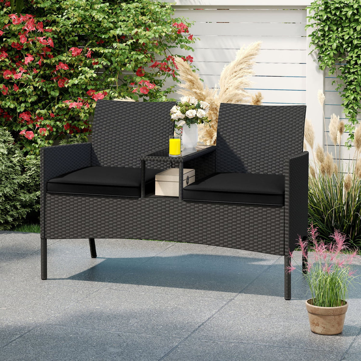 Patio Loveseat with Built-in Table for Backyard Porch-Black-Patio Conversation Sets-DECOROLALA