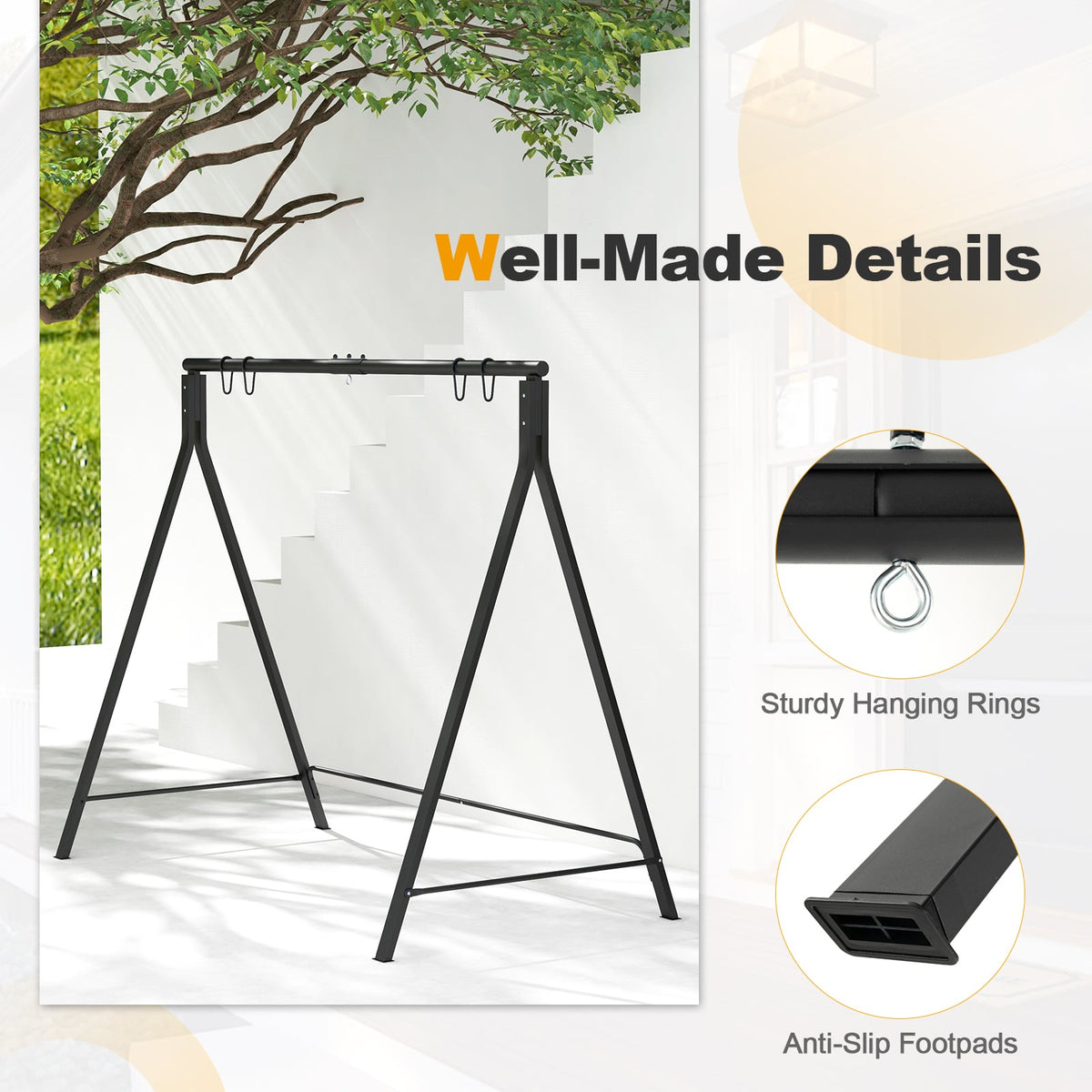 Patio Metal Swing Stand with A-Shaped Structure-Black-Porch Swings-DECOROLALA