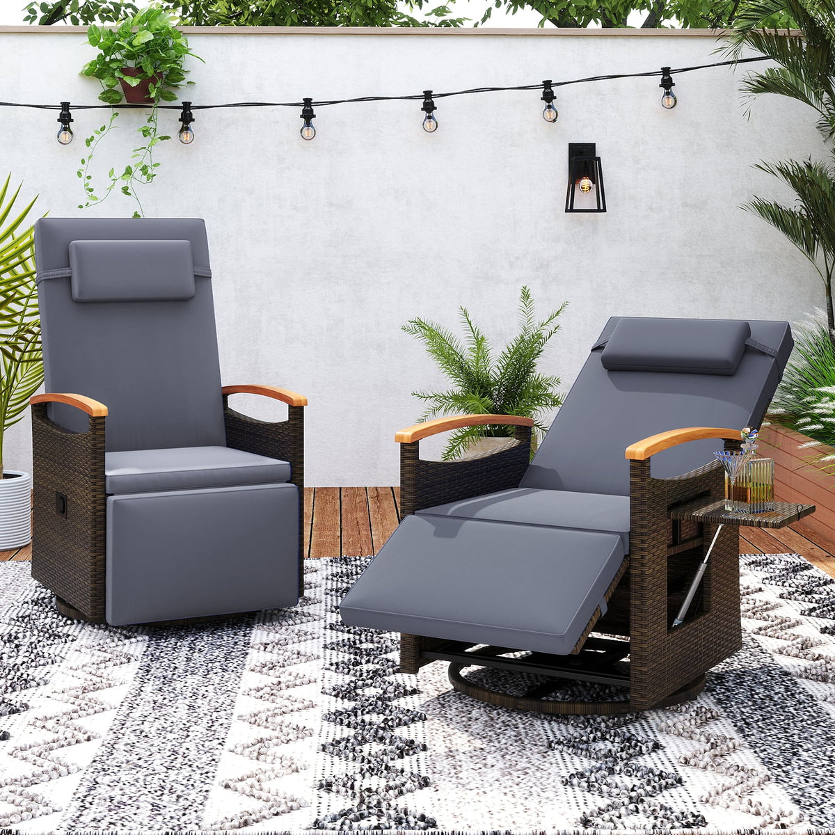 Patio Rattan 360° Swivel Recliner Chair with Adjustable Backrest and Footrest-Gray-Outdoor Chaise Lounges-DECOROLALA