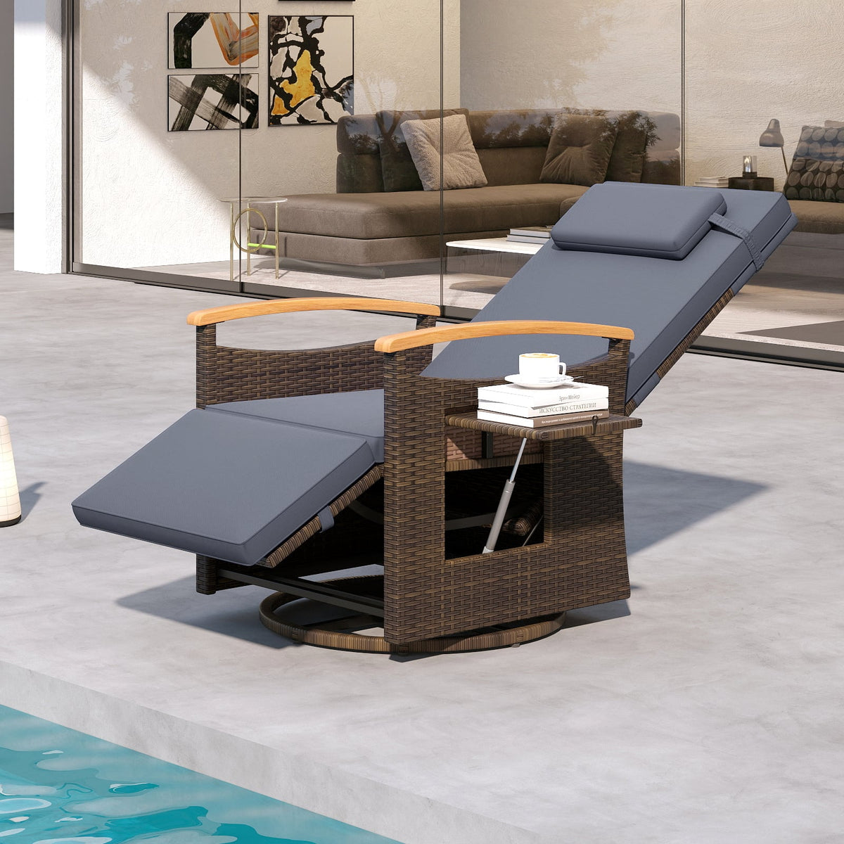 Patio Rattan 360° Swivel Recliner Chair with Adjustable Backrest and Footrest-Gray-Outdoor Chaise Lounges-DECOROLALA