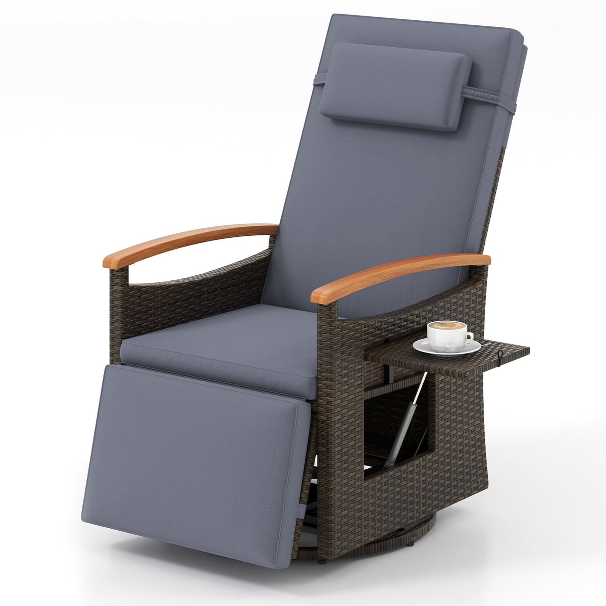 Patio Rattan 360° Swivel Recliner Chair with Adjustable Backrest and Footrest-Gray-Outdoor Chaise Lounges-DECOROLALA