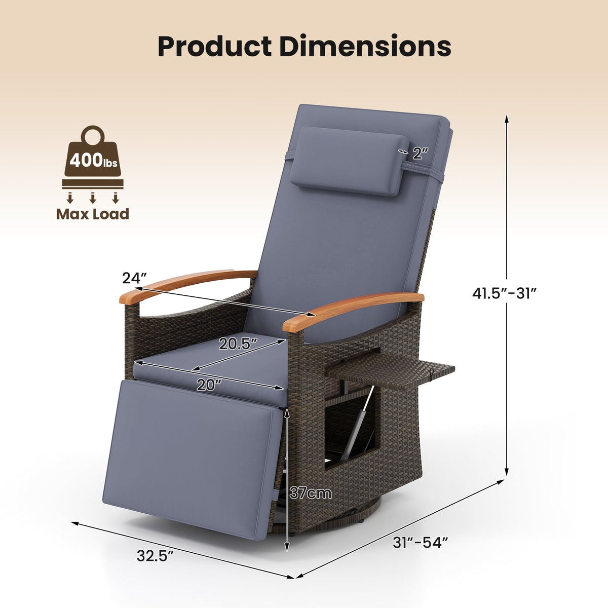 Patio Rattan 360° Swivel Recliner Chair with Adjustable Backrest and Footrest-Gray-Outdoor Chaise Lounges-DECOROLALA