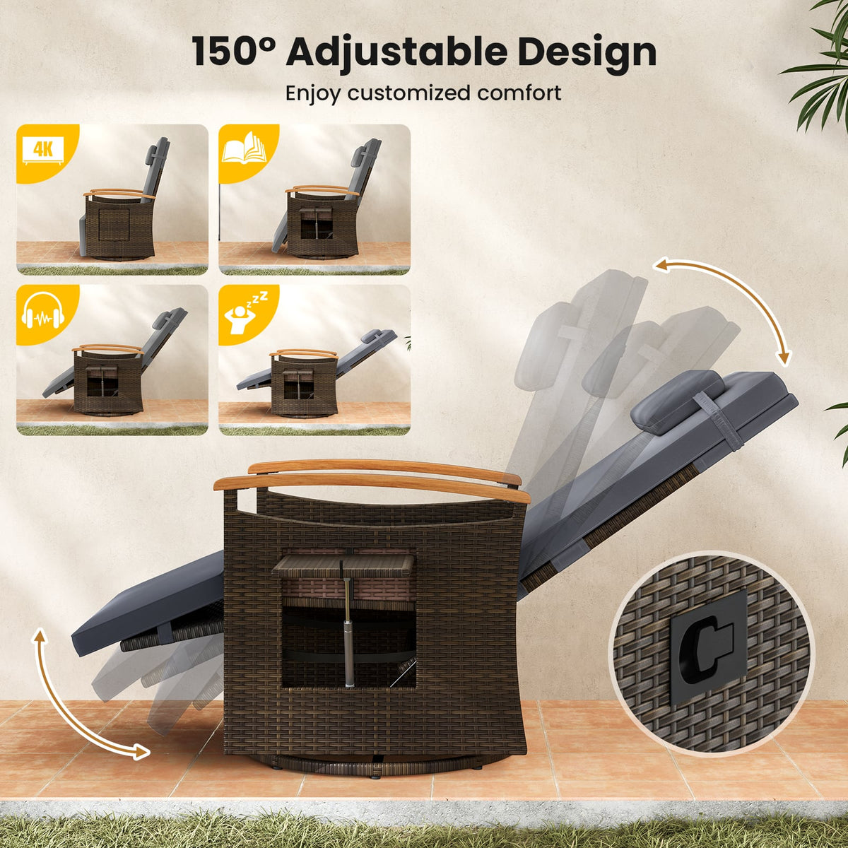 Patio Rattan 360° Swivel Recliner Chair with Adjustable Backrest and Footrest-Gray-Outdoor Chaise Lounges-DECOROLALA