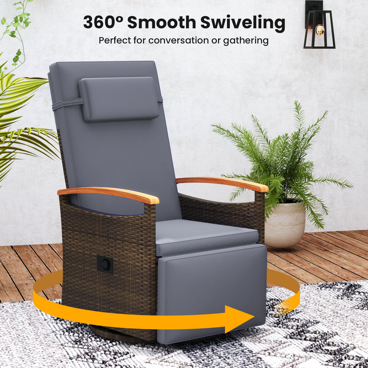Patio Rattan 360° Swivel Recliner Chair with Adjustable Backrest and Footrest-Gray-Outdoor Chaise Lounges-DECOROLALA