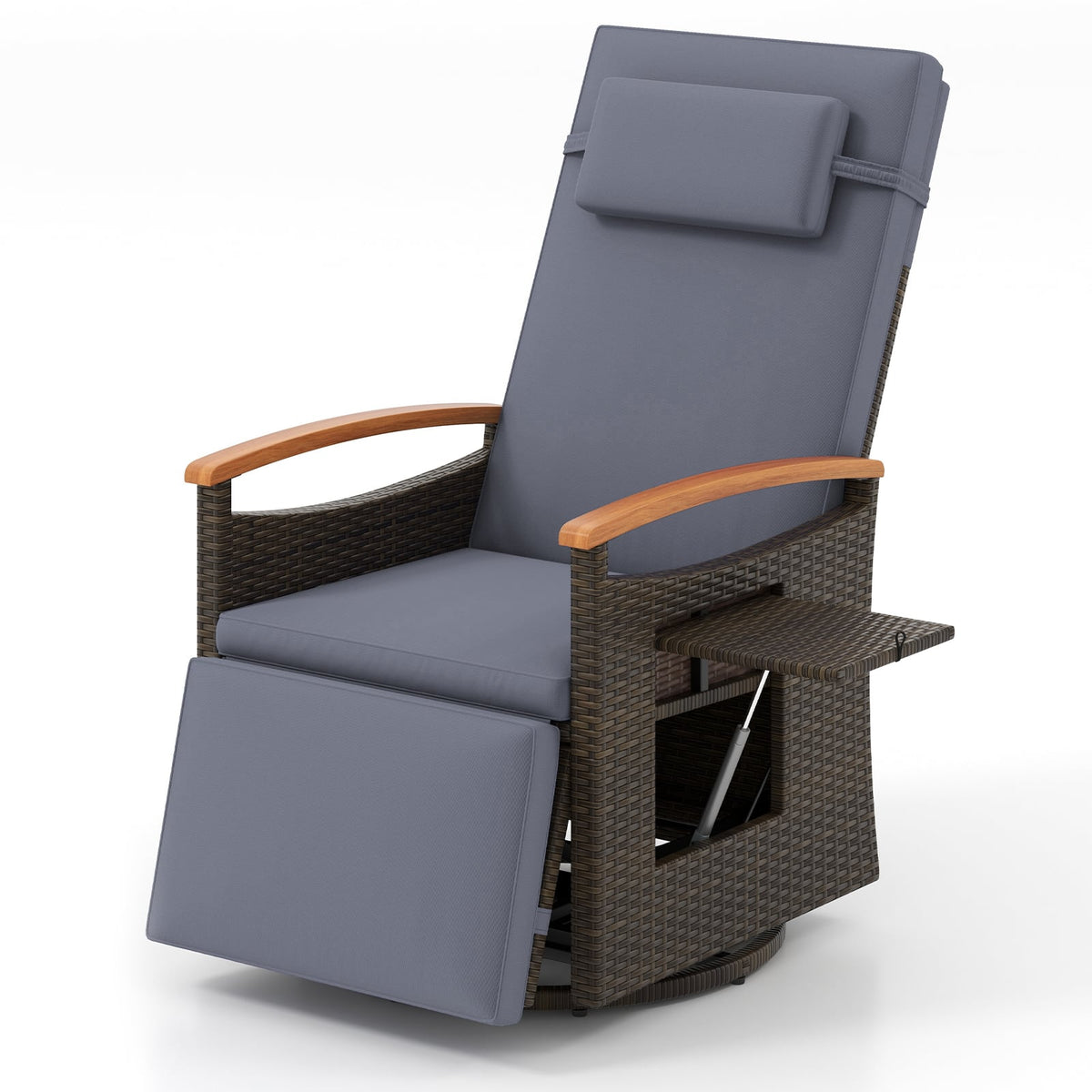 Patio Rattan 360° Swivel Recliner Chair with Adjustable Backrest and Footrest-Gray-Outdoor Chaise Lounges-DECOROLALA