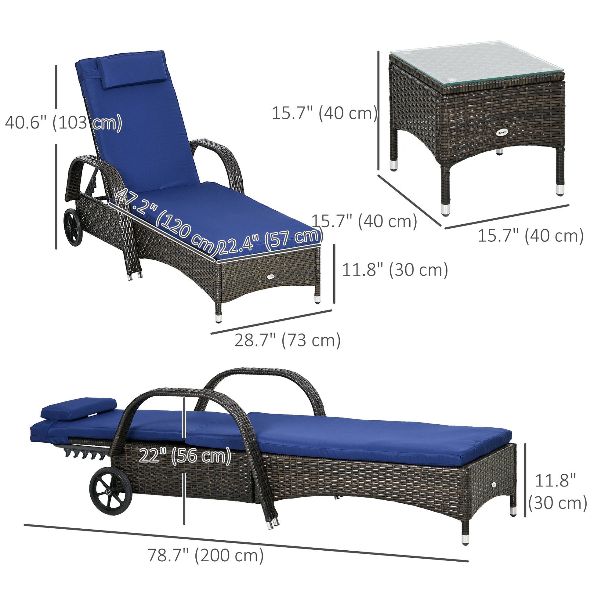 Patio Rattan Lounge Set - Dark Blue 3-Piece Outdoor Furniture with Glass Top Table-DECOROLALA