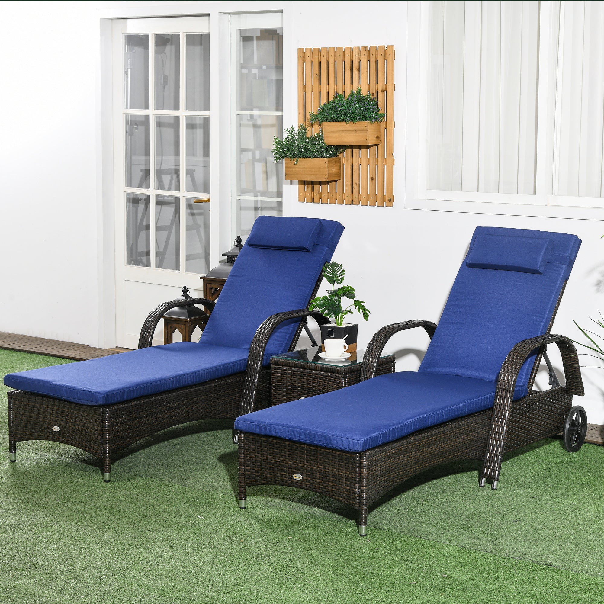 Patio Rattan Lounge Set - Dark Blue 3-Piece Outdoor Furniture with Glass Top Table-DECOROLALA