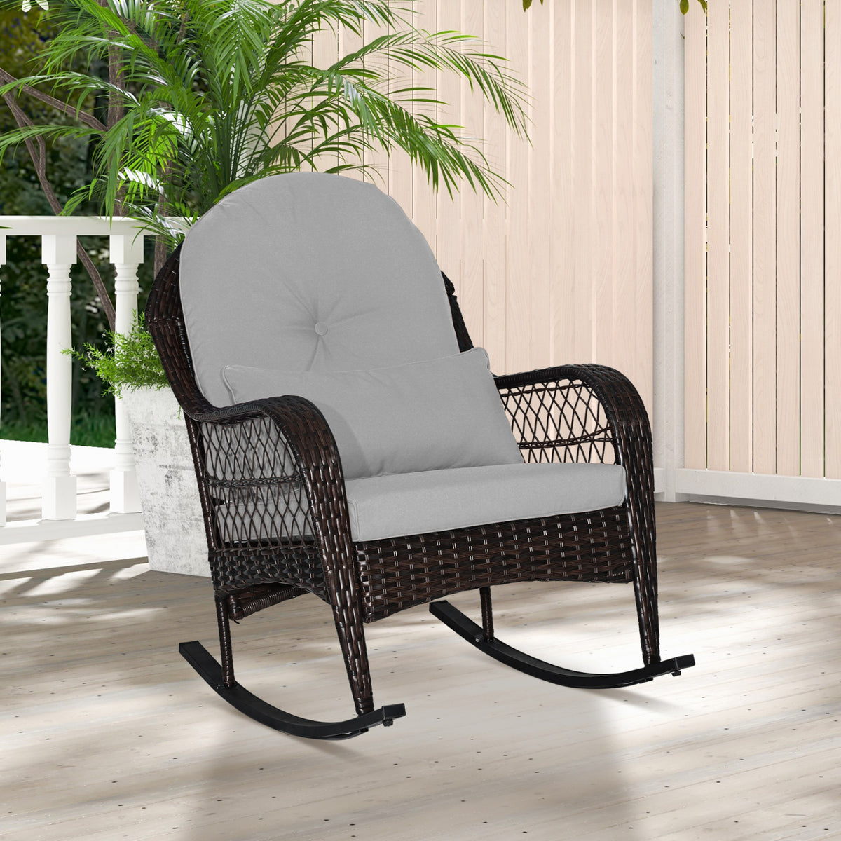 Patio Rattan Rocking Chair with Seat Back Cushions and Waist Pillow-Gray-Outdoor Rocking Chairs & Gliders-DECOROLALA