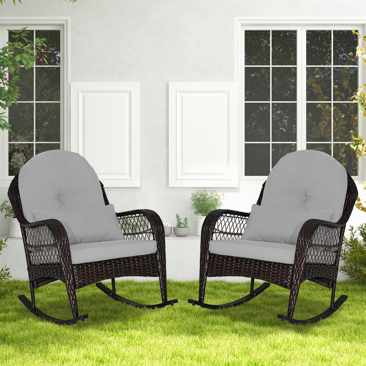 Patio Rattan Rocking Chair with Seat Back Cushions and Waist Pillow-Gray-Outdoor Rocking Chairs & Gliders-DECOROLALA