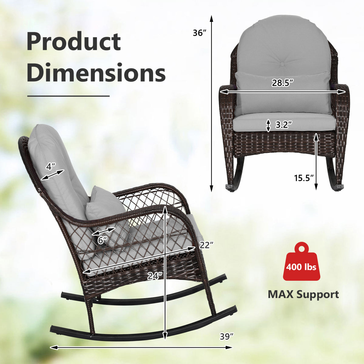 Patio Rattan Rocking Chair with Seat Back Cushions and Waist Pillow-Gray-Outdoor Rocking Chairs & Gliders-DECOROLALA