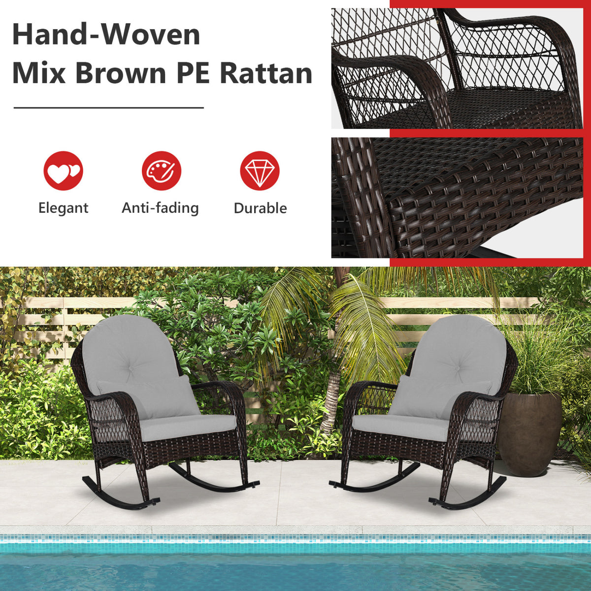 Patio Rattan Rocking Chair with Seat Back Cushions and Waist Pillow-Gray-Outdoor Rocking Chairs & Gliders-DECOROLALA