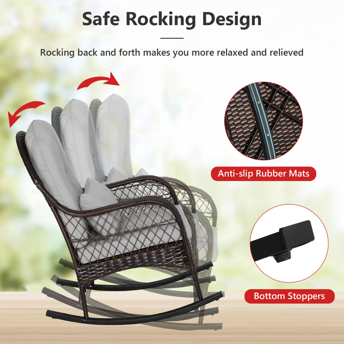Patio Rattan Rocking Chair with Seat Back Cushions and Waist Pillow-Gray-Outdoor Rocking Chairs & Gliders-DECOROLALA