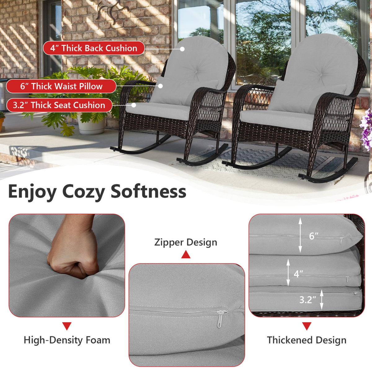 Patio Rattan Rocking Chair with Seat Back Cushions and Waist Pillow-Gray-Outdoor Rocking Chairs & Gliders-DECOROLALA