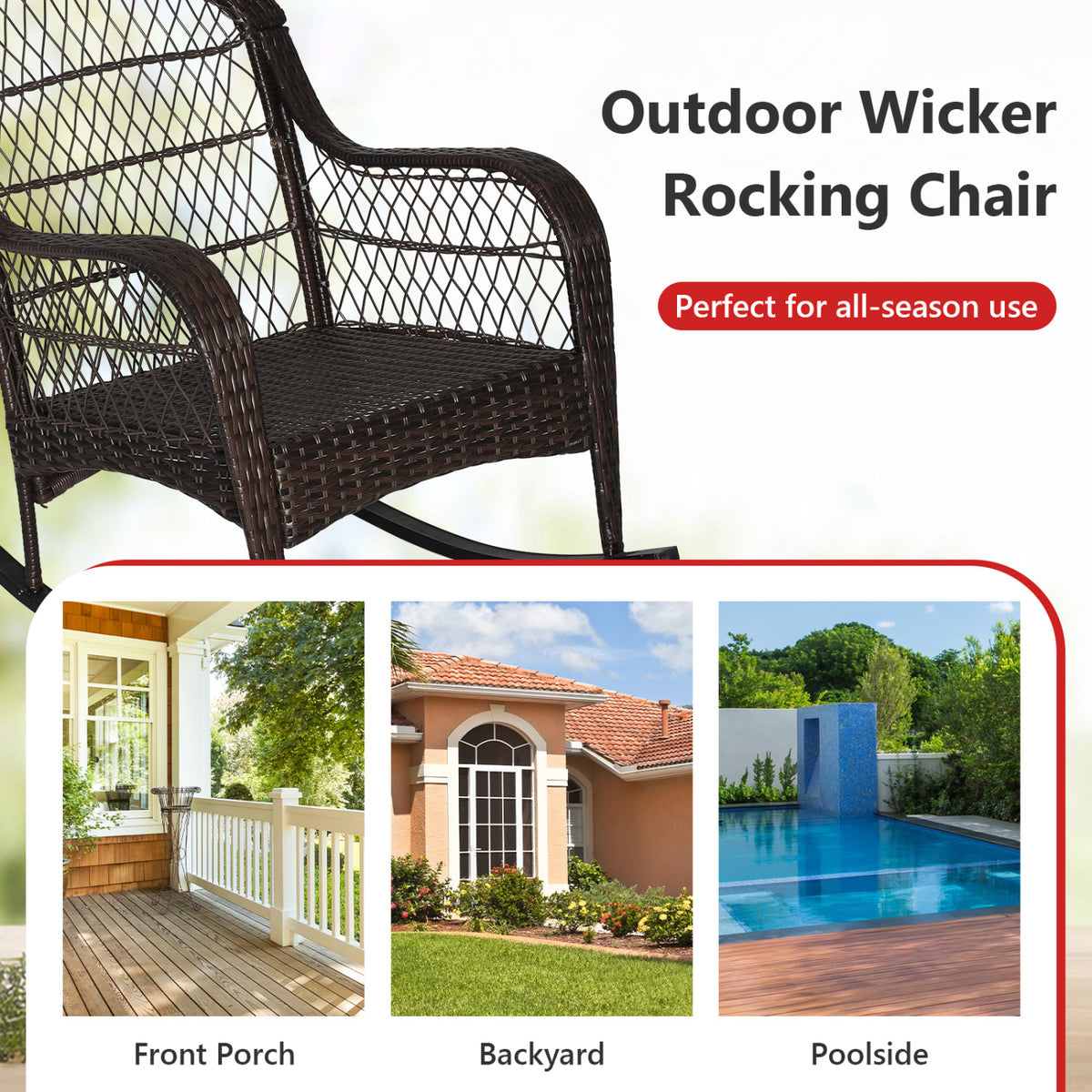 Patio Rattan Rocking Chair with Seat Back Cushions and Waist Pillow-Gray-Outdoor Rocking Chairs & Gliders-DECOROLALA