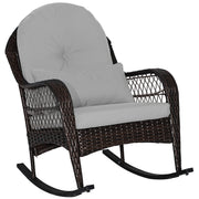 Patio Rattan Rocking Chair with Seat Back Cushions and Waist Pillow-Gray-Outdoor Rocking Chairs & Gliders-DECOROLALA
