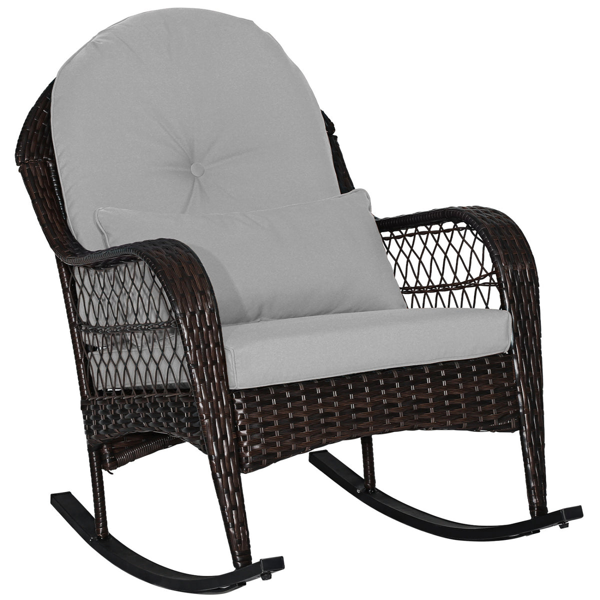 Patio Rattan Rocking Chair with Seat Back Cushions and Waist Pillow-Gray-Outdoor Rocking Chairs & Gliders-DECOROLALA