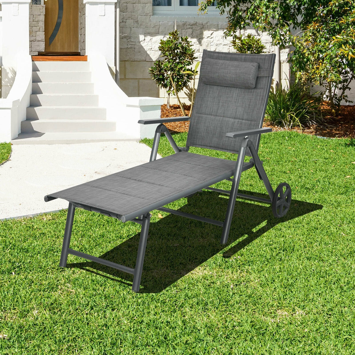 Patio Reclining Chaise Lounge with Adjust Neck Pillow-Gray-Outdoor Chaise Lounges-DECOROLALA