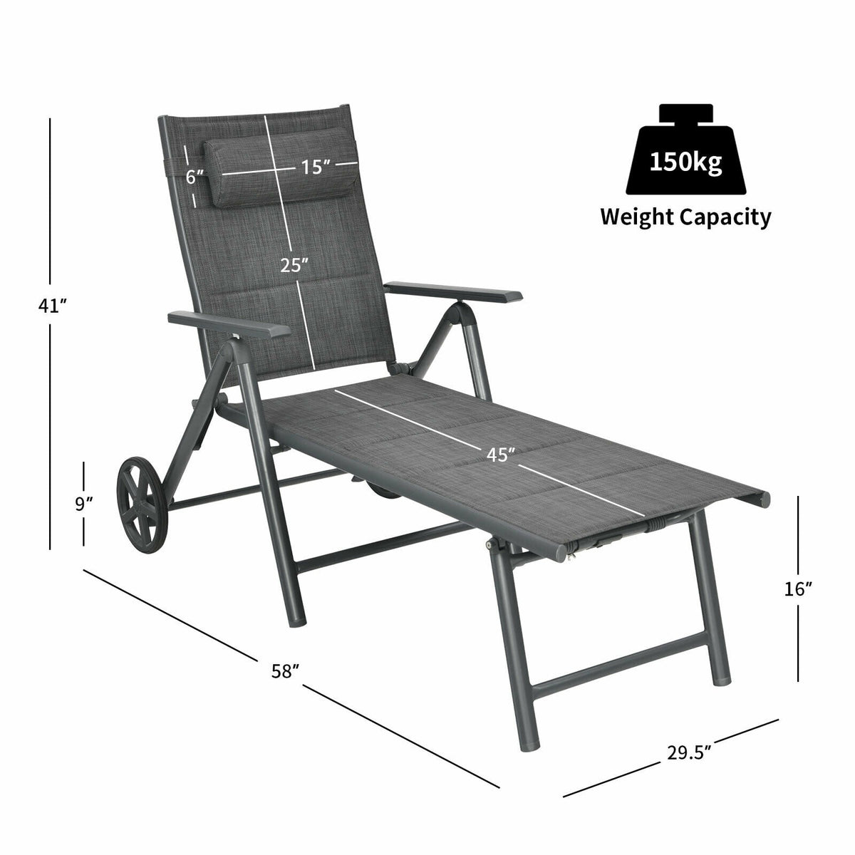 Patio Reclining Chaise Lounge with Adjust Neck Pillow-Gray-Outdoor Chaise Lounges-DECOROLALA