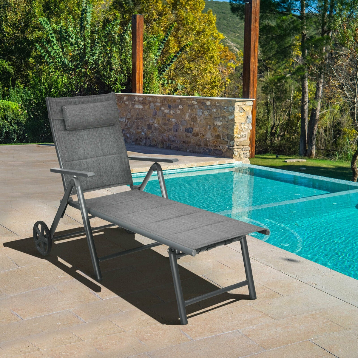 Patio Reclining Chaise Lounge with Adjust Neck Pillow-Gray-Outdoor Chaise Lounges-DECOROLALA