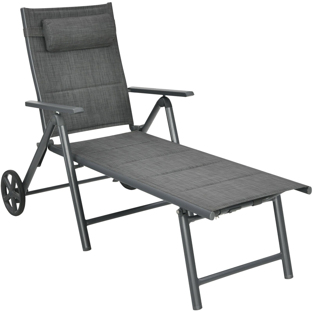 Patio Reclining Chaise Lounge with Adjust Neck Pillow-Gray-Outdoor Chaise Lounges-DECOROLALA