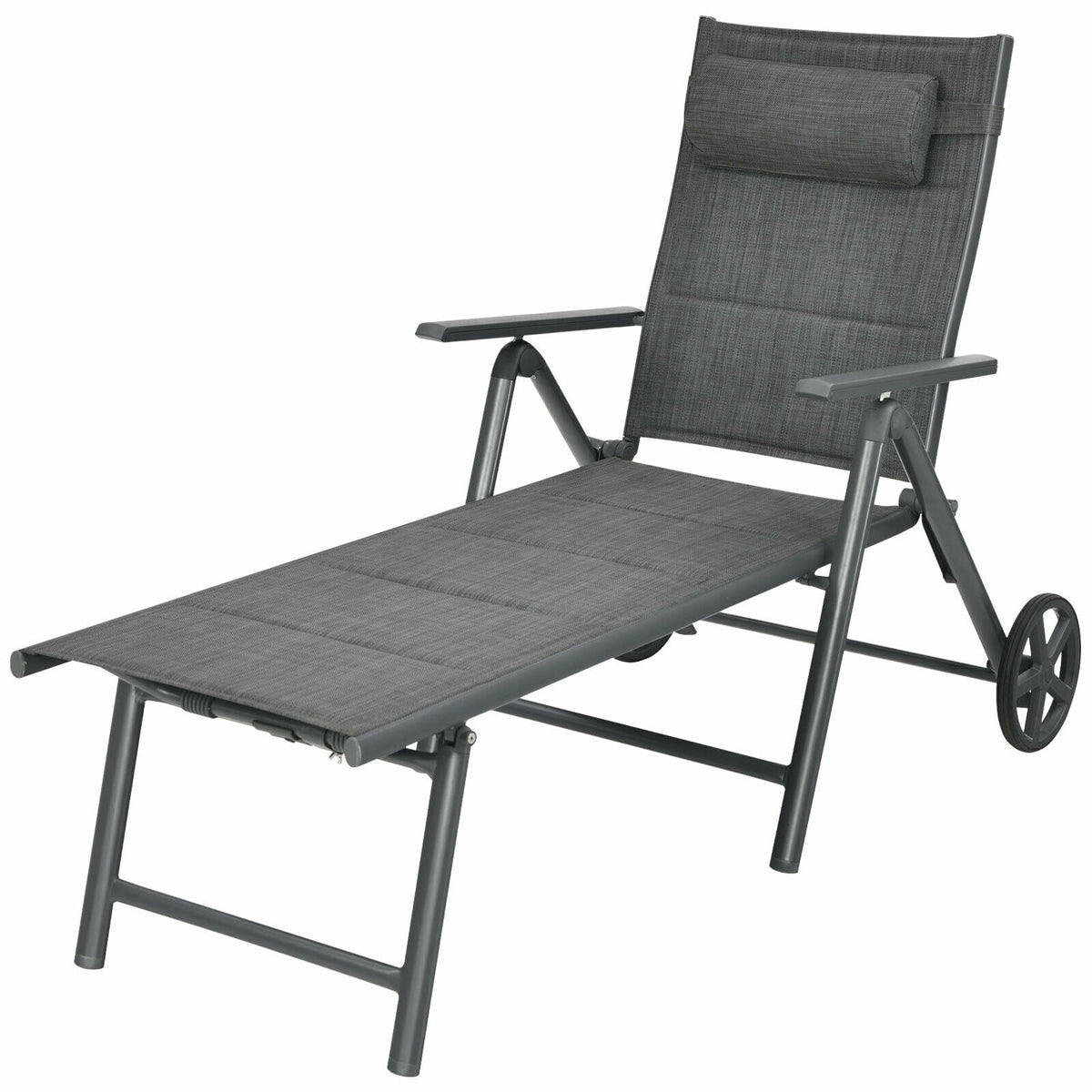 Patio Reclining Chaise Lounge with Adjust Neck Pillow-Gray-Outdoor Chaise Lounges-DECOROLALA
