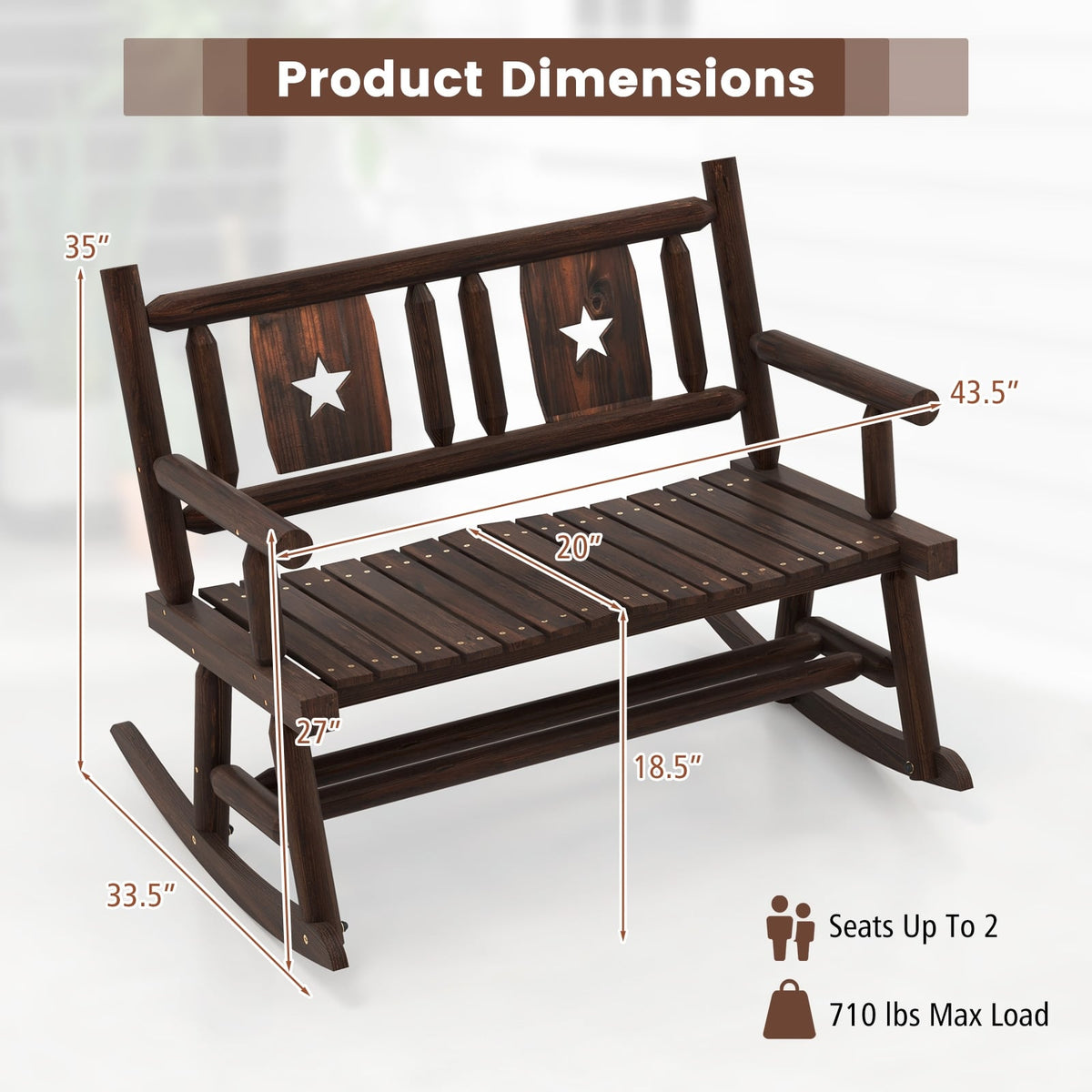 Patio Rocking Bench Double Rocker Chair with Ergonomic Seat 2-Person Loveseat-Outdoor Rocking Chairs & Gliders-DECOROLALA