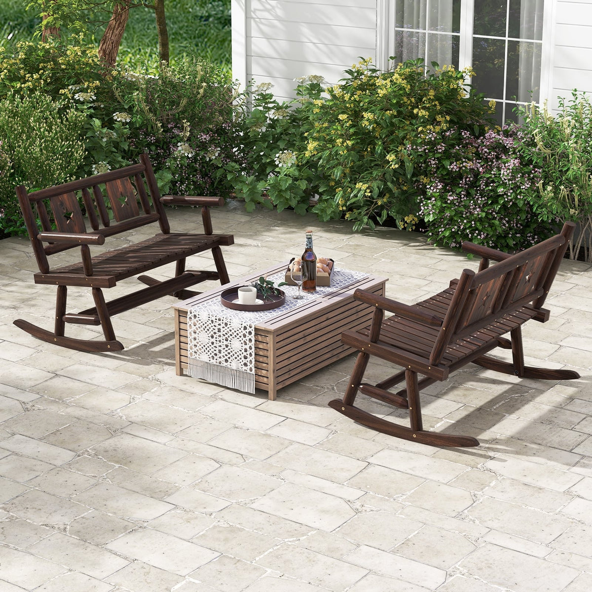 Patio Rocking Bench Double Rocker Chair with Ergonomic Seat 2-Person Loveseat-Outdoor Rocking Chairs & Gliders-DECOROLALA