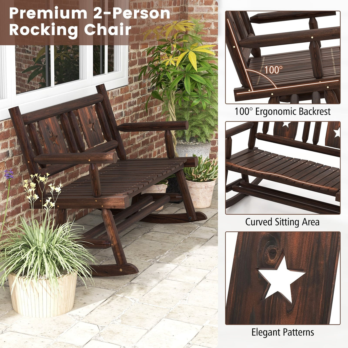 Patio Rocking Bench Double Rocker Chair with Ergonomic Seat 2-Person Loveseat-Outdoor Rocking Chairs & Gliders-DECOROLALA
