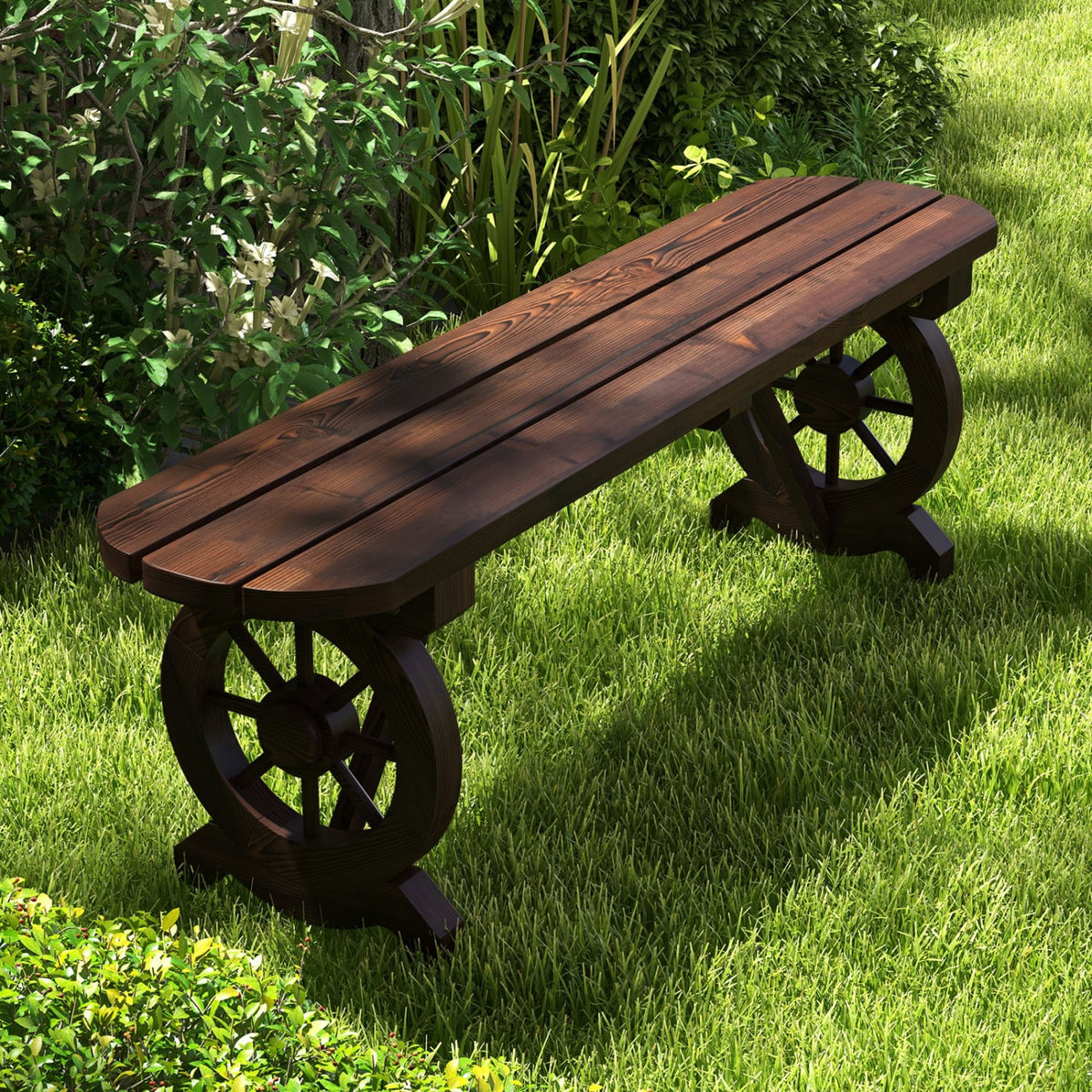 Patio Rustic Wood Bench with Wagon Wheel Base-Outdoor Benches-DECOROLALA