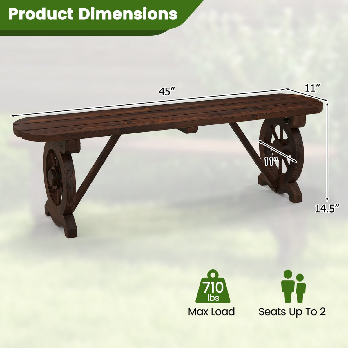 Patio Rustic Wood Bench with Wagon Wheel Base-Outdoor Benches-DECOROLALA