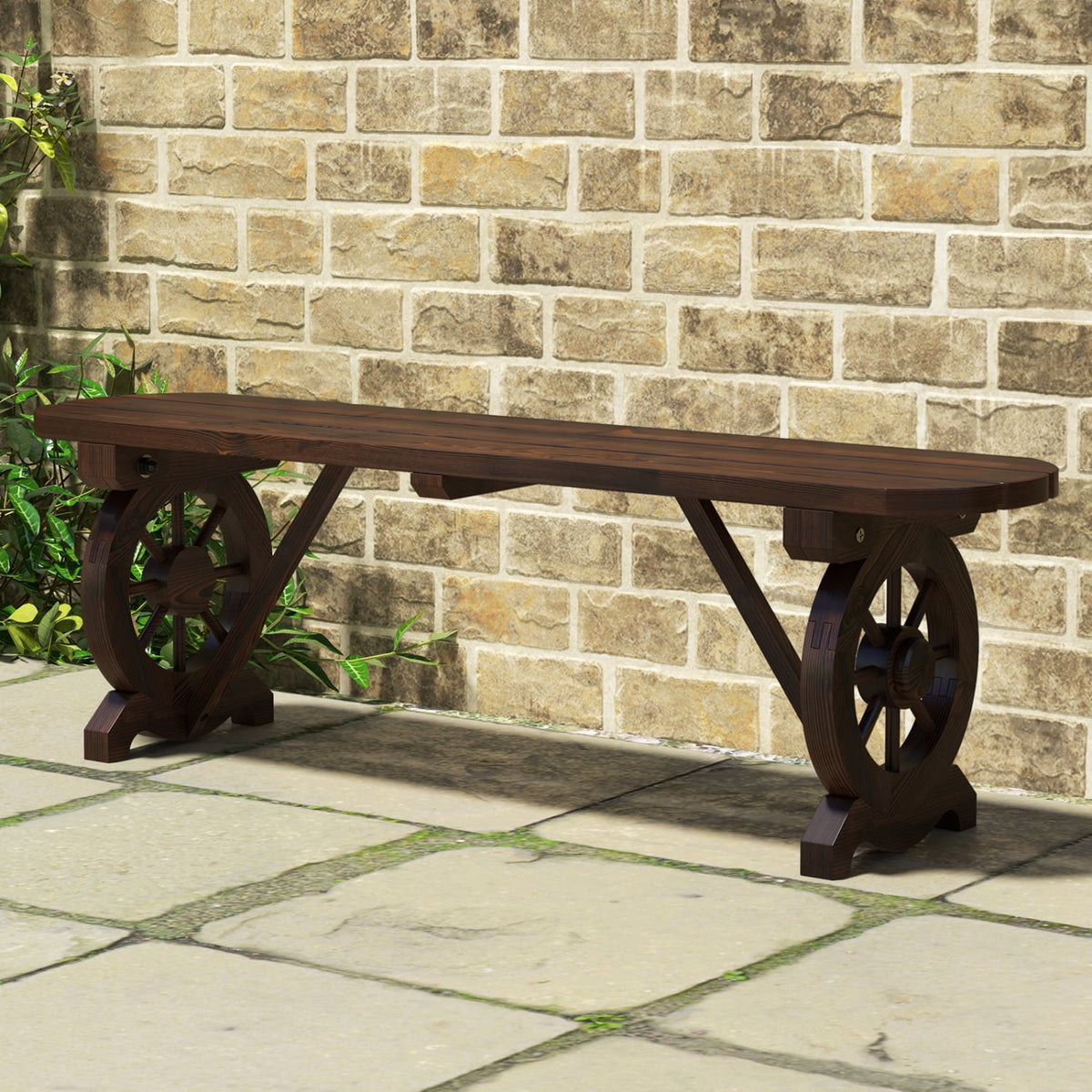 Patio Rustic Wood Bench with Wagon Wheel Base-Outdoor Benches-DECOROLALA