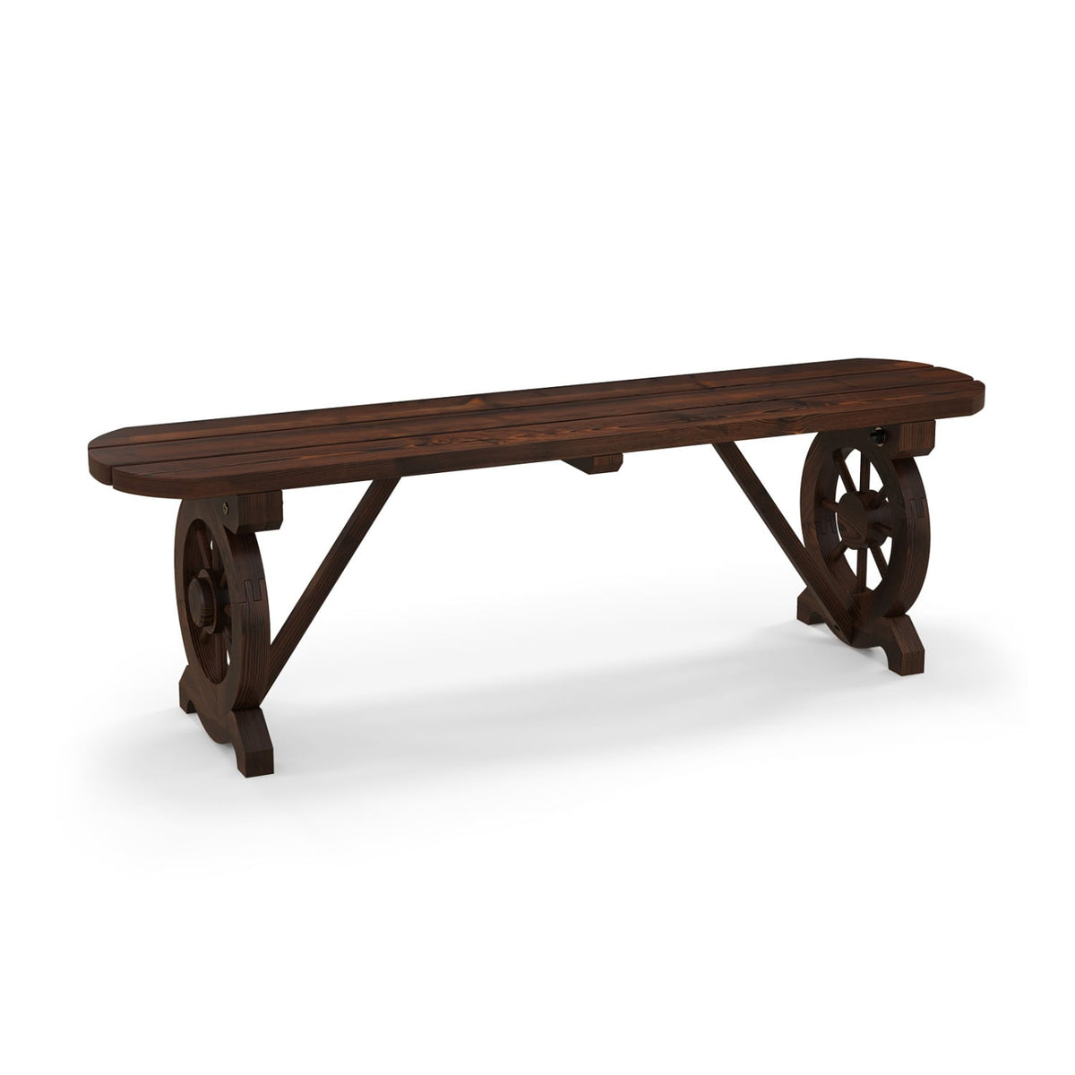 Patio Rustic Wood Bench with Wagon Wheel Base-Outdoor Benches-DECOROLALA