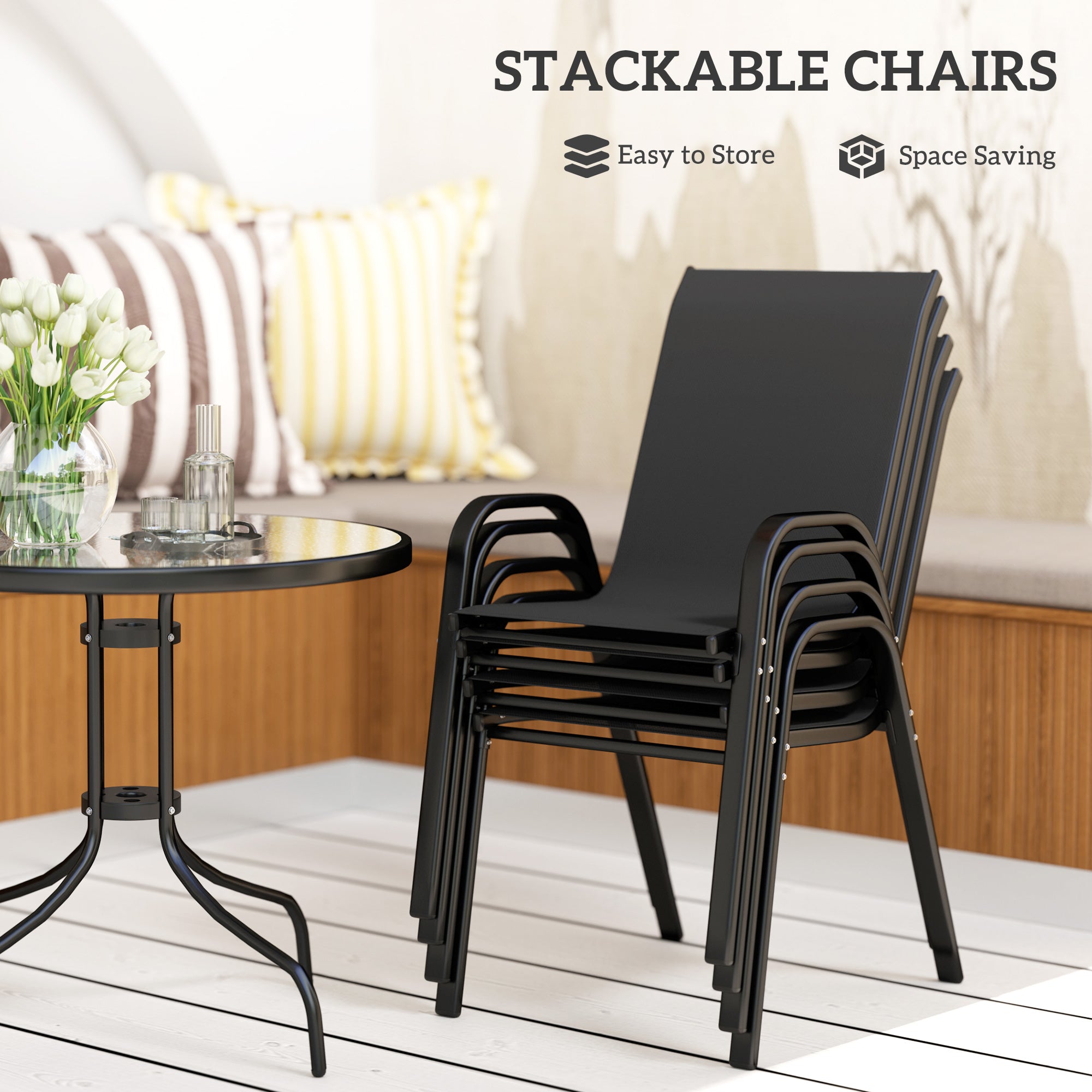 Patio Set 5-Piece Round Glass Table Black-DECOROLALA