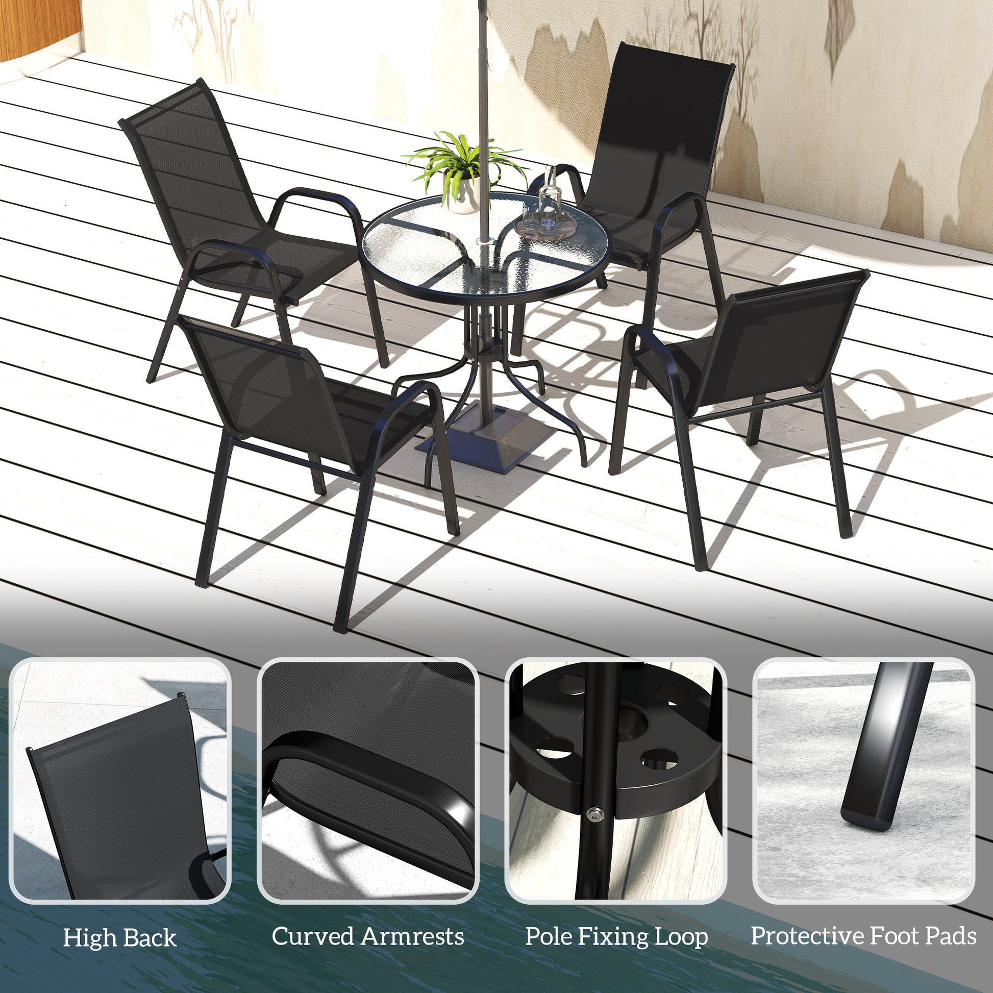 Patio Set 5-Piece Round Glass Table Black-DECOROLALA